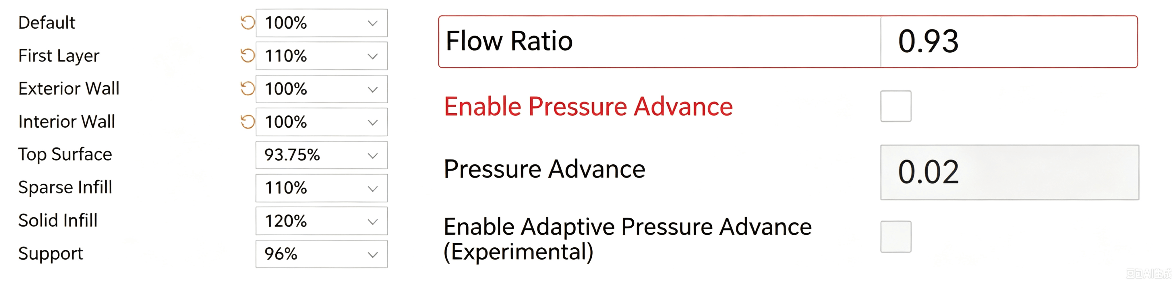 Flow and line width settings in the slicer